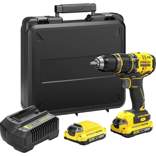 Stanley FatMax 18V 2-Speed Cordless Impact Drill SFMCD721D2K (2.0Ah, Max. Torque 80 Nm, Brushless Motor with Full Metal Gear, LED Light, Includes 2 Batteries, Charger, Belt Clip & Case)