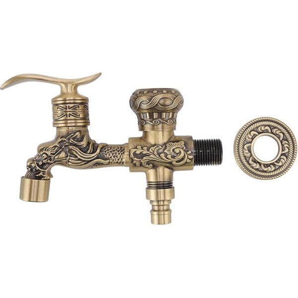 Tyenaza Brass Faucet Wall in Sink Faucet Antique Dragon Carved 2 Handles 1 Hole Single Cold Water Tap with Decoration Cover for Sink Counter