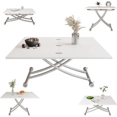 Xihuan Lift Top Coffee Table Extendable to Dining Table, Height-Adjustable Folding Table with Wooden Table Top and Sturdy Cross Metal Legs, Multifunctional Dining Table, White