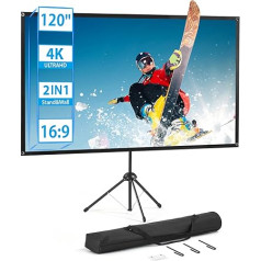 Projector Screen with Tripod, Portable Projector Screen 120 Inches, 16:9, 4K HD Projection Screen, Lightweight and Compact, Carry, Ideal for Home Cinema, Indoor/Outdoor Films