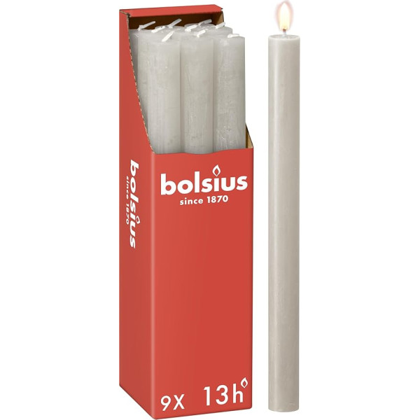 Bolsius - Rustic Taper Candles - Light Grey - Pack of 9 - 27 x 2.3 cm - Length Burn Time 13 Hours - Unscented - Contains Natural Plant Wax - Without Palm Oil