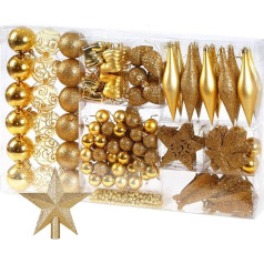 BAKAJI Pack of 102 Gold Plastic Christmas Tree Ornaments, Stockings, Stars, Pine Cones, One Size