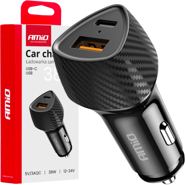 Auto lādētājs qc+pd 38w usb-a + usb-c -04283