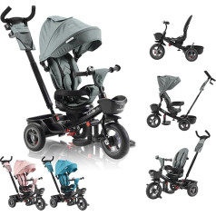 FableKids Noemi 5-in-1 Tricycle with Push Bar from 18 Months up to 25 kg, Forward and Reverse, PU Tyres, Freewheel Spacious, Basket, Bag, Drink Holder - Grey