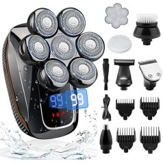 Men's Electric Shaver, 7-in-1 Electric Shaver with 7 Rotating Shaving Heads, IPX7 Waterproof Head Shaver, Electric Shaver, Men's Beard, Nose Hair Trimmer Care Kit