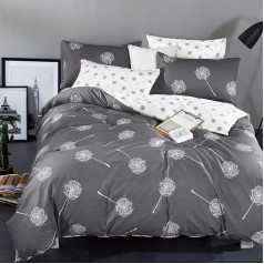 KEAYOO Bedding Set, Reversible Bed Linen in Grey & White with Dandelion Pattern, 100% Cotton, Soft to the Touch, Zip Closure