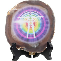 KYEYGWO 7 Chakra Agate Discs Ornament with Wooden Stand, Irregular Agate Slices Gemstone Reiki Healing Stone Feng Shui Decoration for Meditation, Amulet, Chakra Balance