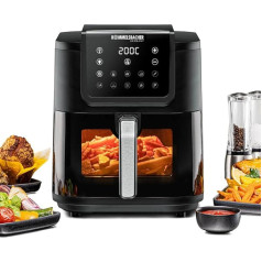 ROMMELSBACHER FRH 1700 Hot Air Fryer, XXL Baking Chamber 8 Litres (approx. 21 x 30 cm) for 1,000 g Chips, Very Quiet Operation 45 dB (A), 10 Programmes, 60-200 °C, Large Viewing Window with Interior