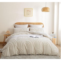 Lanqinglv Beige Bed Linen 200 x 220 cm Boho Tufted Exquisite Handmade Embroidery Geometric Chic Tufted Vintage Duvet Cover Double Bed with Zip and 2 Pillowcases 80 x 80 cm