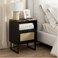 HEYZOEY Rattan Bedside Table, Modern Boho Bedside Table Made of Farmwood with Drawer and Open Shelf, Small Side Table with Black Frame for Bedroom, Living Room, Office (Black)