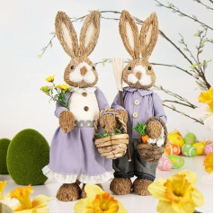 com-four® 2 x Straw Easter Bunny Handmade - Decorative Easter Bunny for Easter Decoration - Straw Figures for Easter - Decorative Rabbit Made of Straw - Handmade Rabbits (02 Pieces - 44 cm Lilac/Blue)