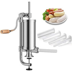 WishesMar Sausage Filler, Sausage Syringe, Stainless Steel Sausage Machine with Fixed Holder, Vertical Sausage Filling Machine with 4 Filling Tubes and Manual Hand Crank, Capacity 2.5 lbs