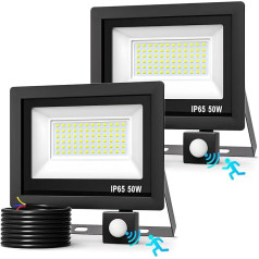Realky 50 W LED Outdoor Spotlight with Motion Sensor, 5000 LM Ultra Bright LED 6500 K Cool White Floodlight IP65 Waterproof Lamp Outdoor with Motion Sensor for Patio Wall Garage Front Yard - Pack of 2