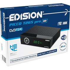 EDISION Picco T265 Pro HD Terrestrial & Cable Receiver DVB-T2/C H.265 HEVC FTA Full HD, PVR, USB, HDMI, SCART, S/PDIF, IR Eye, USB WiFi Support, Universal 2-in-1 Remote Control, 2-in-1 Power Supply