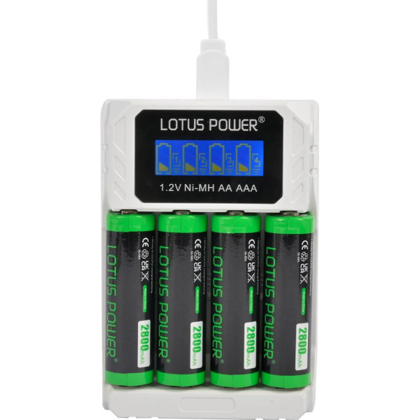 LOTUS POWER Universal 4 Bay Charger & 1.2 V NI-MH AA Battery Set, AA AAA Charger with Rechargeable AA Batteries (1 Charger & 4 Batteries)