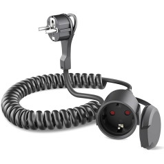 Spiral Cable Extension Cable, Protective Contact Spiral Cable Stretchable from 1.2 m to 8 m Max, 230 V, 16 A, IP20, Protective Contact Spiral Extension with Schuko Plug and Coupling, Black