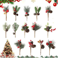 KAMEUN Pack of 14 Artificial Christmas Berries and Pine Branches, 20 cm, Large Decorative Branches with Red Berries, Pine Cones, Holly Stems, DIY Crafts, Winter Holidays, Flower Stems for Christmas