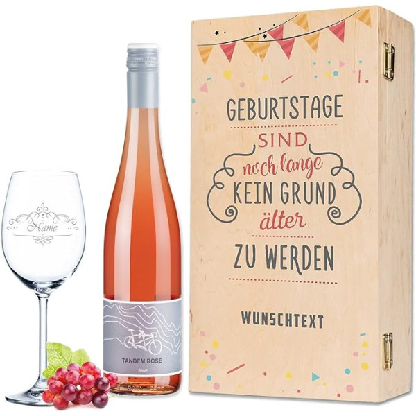 Leonardo Wine Glass with Engraving Including Printed Wooden Box + Tandem Rosé Riesling 0.75 L Birthday Gift for Men and Women Wine Gift Set Wine of the Year 2018 Colour: Rose
