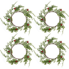 4 Pieces Christmas Candle Ring with Red Berries Small Christmas Wreath Candle Garland Rings for Pillar Candles Christmas Decoration Red Berry