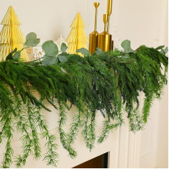 Cindeer Christmas Norfolk Pine Garland Artificial Pine Greenery Garlands Faux Christmas Norfolk Pine Garland with Eucalyptus Leaves for Christmas Holiday Seasonal Indoor Home Decor (1 Piece)