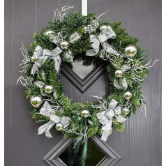 HomeZone® Festive Decorated Christmas Wreath Christmas Baubles Pine Cones Hanging Wreath Garland Home Office Decoration Traditional Christmas Decoration (50cm Silver Ribbons, Balls)
