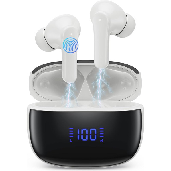 Bluetooth Headphones, Wireless Bluetooth 5.3 In-Ear Headphones with 4 ENC Noise Cancelling Mic, Wireless Headphones Deep Bass Wireless Earbuds 50 Hours, IP7 Waterproof Earphones, LED Display, White