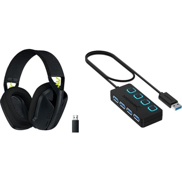 Logitech G 435 Lightspeed Wireless Bluetooth Gaming Headset, Lightweight Over-Ear Headphones - Black & Sabrent USB HUB - 4-Port - USB 3.0 Hub with Single Power Switch and LEDs (HB-UM43)