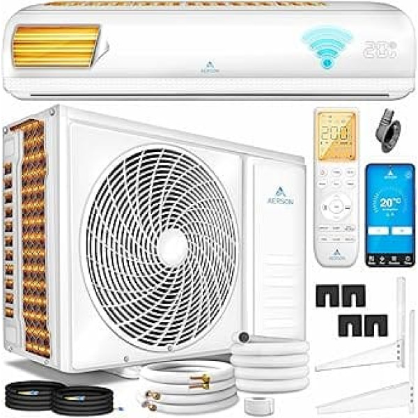 AERSON® Air Conditioning Split Set with WiFi/App Function, Air Conditioner, Cooling A++, Heating A+, 12000 BTU/h (3500 Watt), Refrigerant R32, Wall Air Conditioner, Split Device, Remote Control, Timer