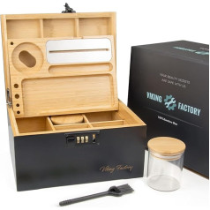 Viking Factory Large Bamboo Storage Box with Combination Lock - Decorative Home Box with Tray and Glass Container for Accessories (24 x 18 x 14 cm) (Black)