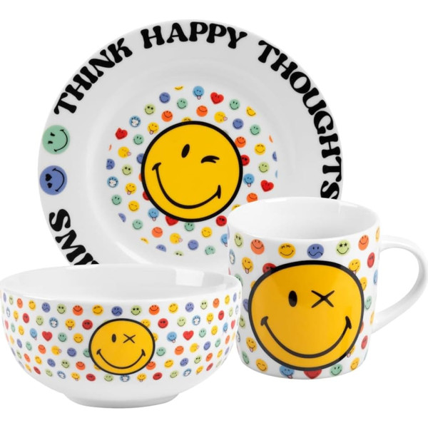 United Labels Smileyworld Children's Breakfast Set with Smiley Face, Porcelain Crockery Set, 3-Piece with Plate, Bowl and Cup, Dishwasher and Microwave Safe
