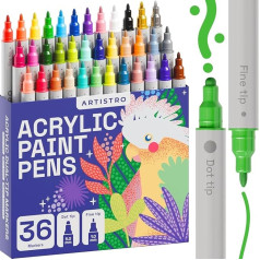 Artistro 36 Acrylic Pens, Acrylic Paint Markers with Double Tip (Brush + Fine 1 mm) Drawing Set, Acrylic Markers for Fabric, Canvas, Stone, Glass, Wood, Paper, Paint Markers for Kids and Adults