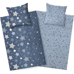 Aminata kids Children's Bed Linen 135 x 200 cm Stars Flannelette Cotton | Blue - Girls and Boys | 2-Piece Warm & Soft Children's Reversible Bedding Set