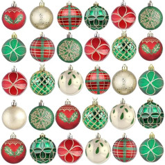 Christmas Baubles Christmas Tree Decoration Set, 30 Pieces, 60 mm, Plastic Christmas Tree Baubles with Hanger, Christmas Tree for Christmas, Wedding, Party (Red Green)