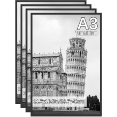 Veelot A3 Picture Frame, Aluminium Black Photo Frame, Classic Minimalist Certificate Frame with Plastic Glass, for Wall Mounting and Home Decoration, 30 x 42 cm, Set of 4