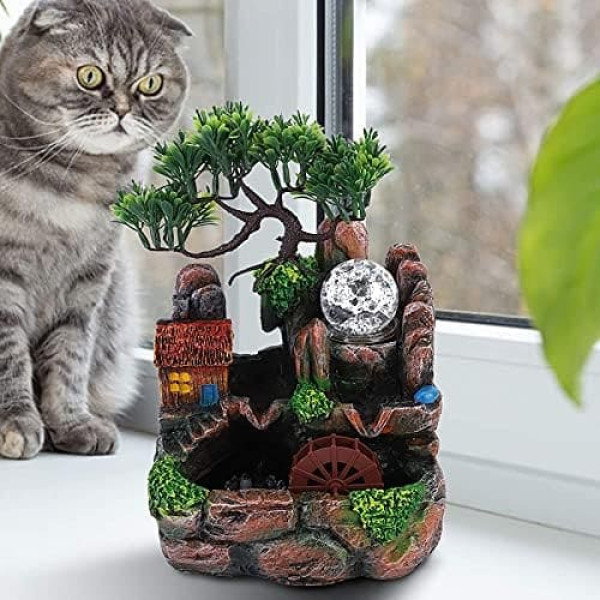 Indoor Fountain Made of Polyresin with LED Lighting and Humidifier, Table Fountain with Decorative Stone Garden and Pond, Water Feature Desktop Waterfall with Pump for Living Room, (EU 220V)