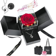 Emibele Preserved Real Red Rose with S925 Sterling Silver Necklace, Eternal Rose with I Love You Necklace in 100 Languages Music Box Lights Romantic Gifts for Mum Grandma Wife Girlfriend Her