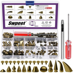 Swpeet 96 Sets 12 Styles Bronze Mixed Shape Spikes and Studs Metal Screw Back Bullet Cone Studs and Spikes Rivets Leather Rivets Kit with Installation Tools for DIY Crafts Leather Crafts