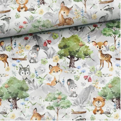 Fabric for sewing, fabric for children, 95% cotton: 1 m French terry summer sweat fabric with forest animals, deer fox, beaver, wolf, rabbit, girls, mini love on sweat