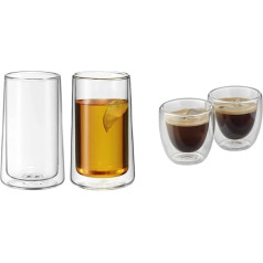 WMF SmarTea Double-Walled Latte Macchiato Glasses Set of 2 & Cult Double-Walled Espresso Glasses Set of 2, Double-Walled Cups 80 ml, Floating Effect, Thermal Glasses, Heat-Resistant Espresso Glasses