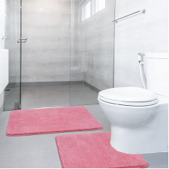 SOANNY Non-Slip Bath Mat Set, 2 Pieces, Luxury Thick 50 x 80 cm Soft Plush Shower Mat & 50 x 50 cm Microfibre Toilet Mat, Machine Washable, Absorbent, Bath Mat for Shower, Bathtub, Pink