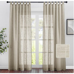 PONY DANCE Tab Top Curtain, Linen Look Curtains in Country House Style - 2 Pieces, H 220 x W 140 cm, Voile Curtains, Semi-Transparent Living Room Curtains with Loops, Decorative Curtains, Taupe