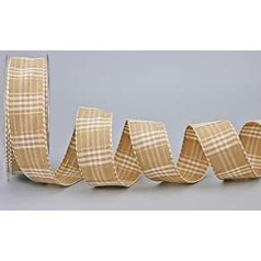 finemark Decorative Ribbon Sweet Home Beige Gold 20 m x 25 mm (Roll) Fabric Ribbon Checked Shiny Without Wire Gift Ribbon Gift Wrapping Sewing Country House Decoration Christmas Advent