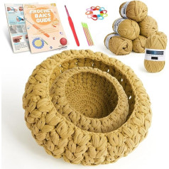 Aeeque Basket Crochet Set, Textile Yarn for Crochet for Baskets, Crochet Set for Beginners with Instructions for Crochet Basket, DIY Crochet Bowls Set, Starter Crochet Set Learning (Camel Colour)