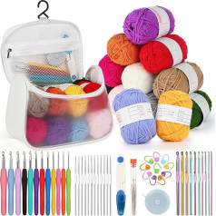 Aeeque Crochet Set for Beginners with 12 Pieces Wool, Crochet Hooks Set Bag with TPR Rubber Handle, Crochet Hooks and Practical Knitting Accessories, Crochet Set for Socks, Sweaters, Visual Crochet