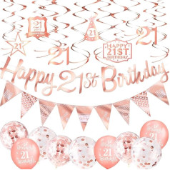 Whaline 21st Rose Gold Birthday Party Decorations 29 Pieces Birthday Party Supplies Happy Birthday Banner Triangle Flag Bunting Banner Latex Confetti Balloon Hanging Swirls with Pendant for Girls