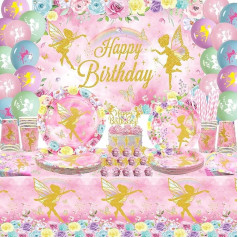 Fairy Birthday Party Decoration, Fairy Party Supplies, Plates, Cups, Napkins, Tablecloth, Happy Birthday, Background, Balloons, Cake Toppers for Fairy, Flower Girl, Butterfly