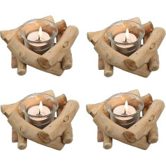 Sziqiqi Pack of 4 Rustic Candle Holders, Tea Light Holders, Wooden Candle Holder, Vintage with Glass Cup, Lantern, Driftwood Decorative Candle Holder for Living Room, Wedding, Dining Table, Table