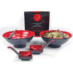 Goliber Large Ramen Bowl Set - Includes 2 Melamine Ramen Bowl, Chopsticks, Spoon and Small Bowl for Sauce - Japanese Tableware Ideal for Ramen Noodles or Pho Noodle Soup - 2 Sets, 8