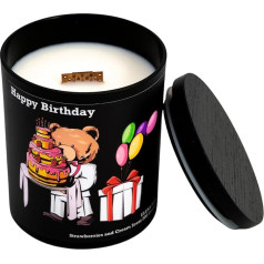 Happy Birthday Teddy Bear Scented Candle, 100% Soy Wax, Strawberry Fragrance, Wooden Wick, 200 Gram, Burn Time Up to 60 Hours. Elena Days