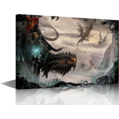 Knight and Dragon Wall Art Painting Fighting Fire Dragon in Valley Bedroom Living Room Wall Decor 3 Panels Framed Modern Pictures Canvas Prints Artwork for Bathroom Office